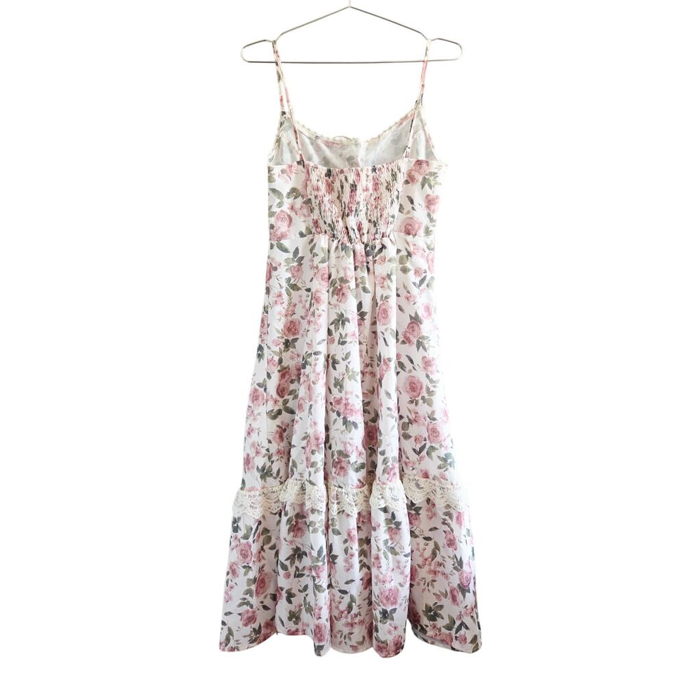 Cider Scoop Neckline Ditsy Floral Lace Trim Tiered Midi Dress Cream Medium - Picture 2 of 9